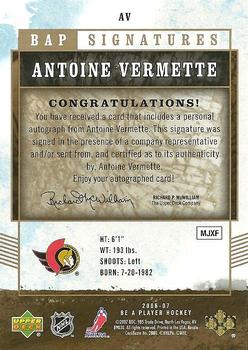 2006-07 Be A Player - BAP Signatures #AV Antoine Vermette Back