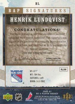 2006-07 Be A Player - BAP Signatures #HL Henrik Lundqvist Back