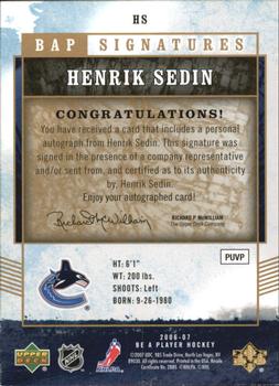 2006-07 Be A Player - BAP Signatures #HS Henrik Sedin Back