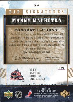 2006-07 Be A Player - BAP Signatures #MA Manny Malhotra Back