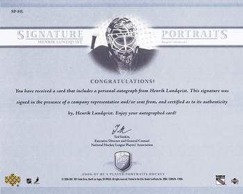 2006-07 Be A Player Portraits - Signature Portraits #SP-HL Henrik Lundqvist Back