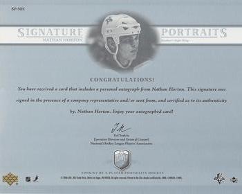 2006-07 Be A Player Portraits - Signature Portraits #SP-NH Nathan Horton Back
