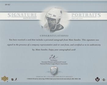 2006-07 Be A Player Portraits - Signature Portraits #SP-SM Mats Sundin Back