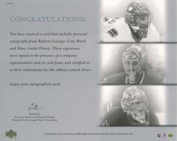 2006-07 Be A Player Portraits - Triple Signature Portraits #T-LWF Roberto Luongo / Marc-Andre Fleury / Cam Ward Back