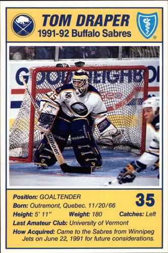 1991-92 Blue Shield Buffalo Sabres Postcards #5 Tom Draper Front