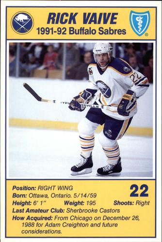 1991-92 Blue Shield Buffalo Sabres Postcards #23 Rick Vaive Front