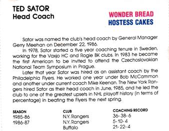 1987-88 Wonder Bread/Hostess Buffalo Sabres #NNO Ted Sator Back