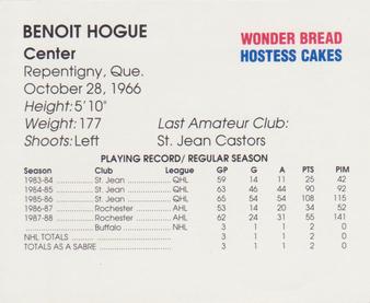 1988-89 Wonder Bread/Hostess Buffalo Sabres #NNO Benoit Hogue Back