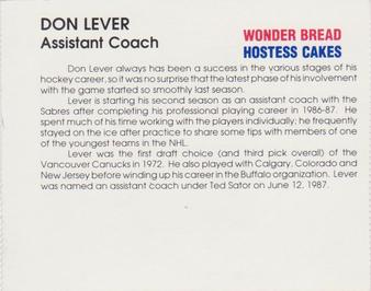 1988-89 Wonder Bread/Hostess Buffalo Sabres #NNO Don Lever Back