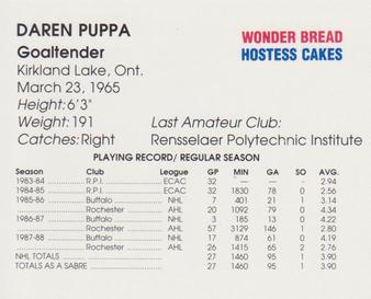 1988-89 Wonder Bread/Hostess Buffalo Sabres #NNO Daren Puppa Back