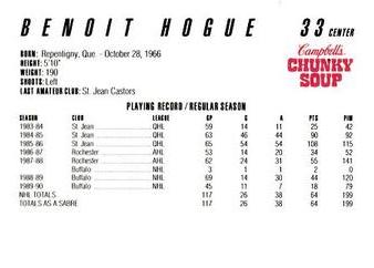 1990-91 Campbell's Buffalo Sabres #NNO Benoit Hogue Back
