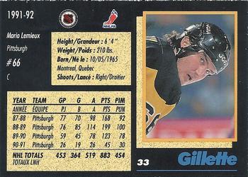 1991-92 Gillette Series #33 Mario Lemieux Back