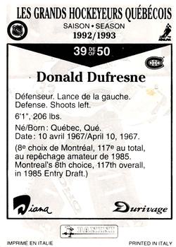 1992-93 Panini Durivage #39 Donald Dufresne Back