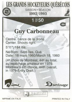 1992-93 Panini Durivage #1 Guy Carbonneau Back