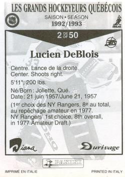 1992-93 Panini Durivage #2 Lucien Deblois Back