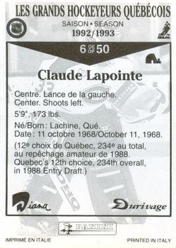 1992-93 Panini Durivage #6 Claude Lapointe Back
