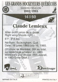 1992-93 Panini Durivage #14 Claude Lemieux Back