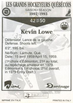 1992-93 Panini Durivage #42 Kevin Lowe Back