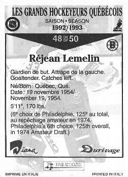 1992-93 Panini Durivage #48 Rejean Lemelin Back