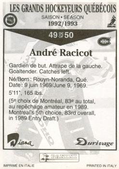 1992-93 Panini Durivage #49 Andre Racicot Back