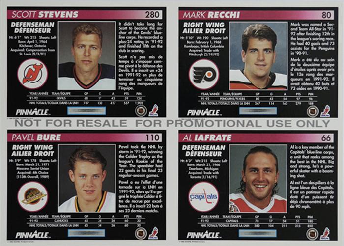 1992-93 Pinnacle Canadian - Promo Panels #NNO Pavel Bure / Al Iafrate / Mark Recchi / Scott Stevens Back