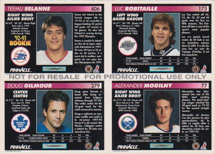 1992-93 Pinnacle Canadian - Promo Panels #NNO Doug Gilmour / Alexander Mogilny / Luc Robitaille / Teemu Selanne Back