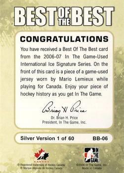 2006-07 In The Game Used International Ice - Best of the Best #BB-06 Mario Lemieux Back