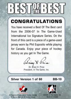 2006-07 In The Game Used International Ice - Best of the Best #BB-10 Phil Esposito Back