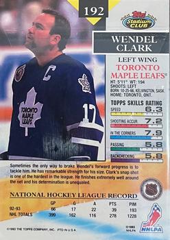 1993-94 Stadium Club O-Pee-Chee - First Day Issue #192 Wendel Clark Back