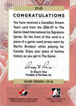 2006-07 In The Game Used International Ice - Canadian Dream Team #DT-03 Martin Brodeur Back