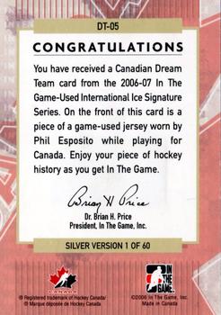 2006-07 In The Game Used International Ice - Canadian Dream Team #DT-05 Phil Esposito Back