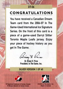 2006-07 In The Game Used International Ice - Canadian Dream Team #DT-06 Darryl Sittler Back