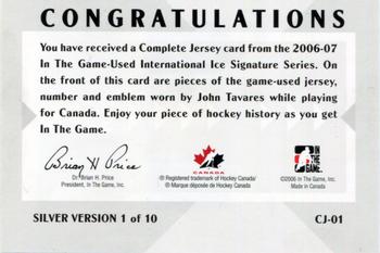 2006-07 In The Game Used International Ice - Complete Jersey #CJ-01 John Tavares Back