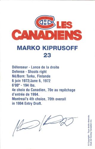 1995-96 Montreal Canadiens #NNO Marko Kiprusoff Back