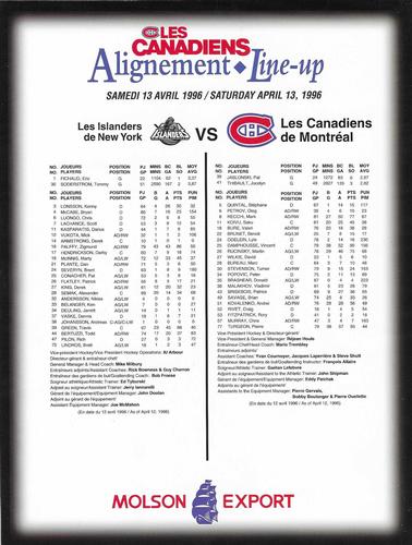 1995-96 Les Canadiens Line-Up Sheets #NNO Saku Koivu Back