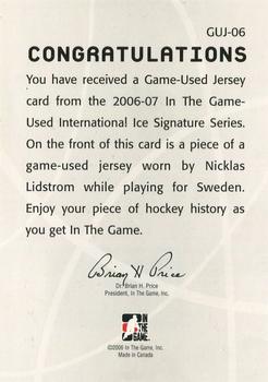 2006-07 In The Game Used International Ice - Jerseys #GUJ-06 Nicklas Lidstrom Back