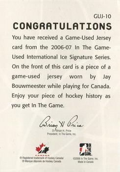 2006-07 In The Game Used International Ice - Jerseys #GUJ-10 Jay Bouwmeester Back