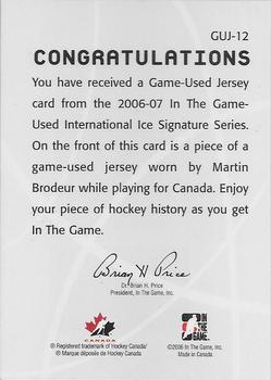 2006-07 In The Game Used International Ice - Jerseys #GUJ-12 Martin Brodeur Back