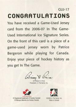 2006-07 In The Game Used International Ice - Jerseys #GUJ-17 Patrice Bergeron Back