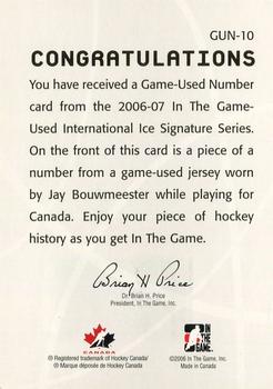 2006-07 In The Game Used International Ice - Numbers #GUN-10 Jay Bouwmeester Back