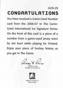 2006-07 In The Game Used International Ice - Numbers #GUN-29 Jari Kurri Back