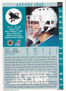 1994 Kenner/Score Starting Lineup Cards #514599 Arturs Irbe Back