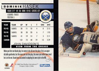 1996 Kenner/SkyBox Impact Starting Lineup Cards #53038000 Dominik Hasek Back