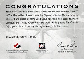 2006-07 In The Game Used International Ice - Cornerstones #IC-01 Steve Yzerman / Phil Esposito / Mario Lemieux / Sidney Crosby Back