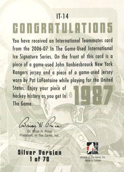 2006-07 In The Game Used International Ice - Teammates #IT-14 John Vanbiesbrouck / Pat LaFontaine Back