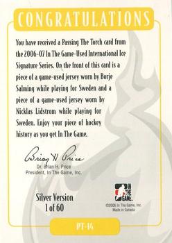 2006-07 In The Game Used International Ice - Passing The Torch #PT-14 Borje Salming / Nicklas Lidstrom Back
