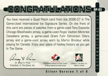 2006-07 In The Game Used International Ice - Quad Patch #QP-03 Tony Esposito / Rogie Vachon / Martin Brodeur / Grant Fuhr Back