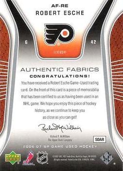 2006-07 SP Game Used - Authentic Fabrics #AF-RE Robert Esche Back