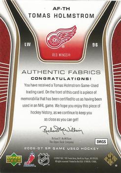 2006-07 SP Game Used - Authentic Fabrics Parallel #AF-TH Tomas Holmstrom Back