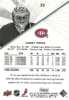 2011-12 SP Authentic #23 Carey Price Back